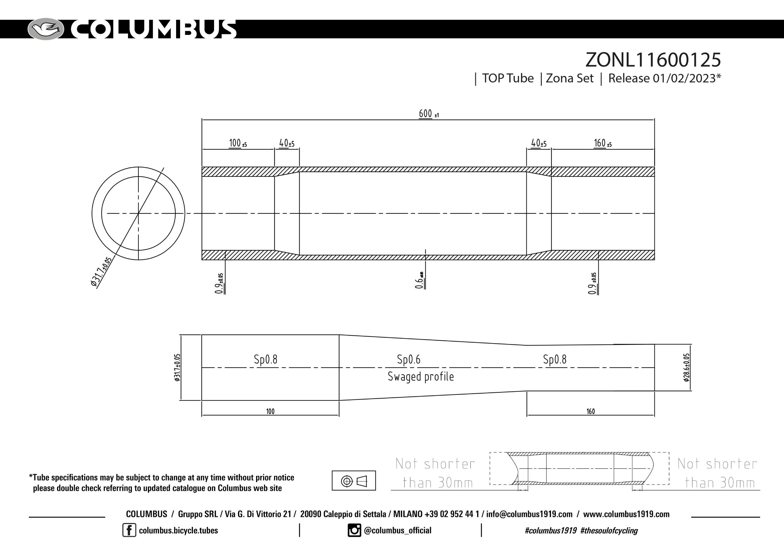 Zona Top Tube 31.7 7/5/7 28.6 x 600mm