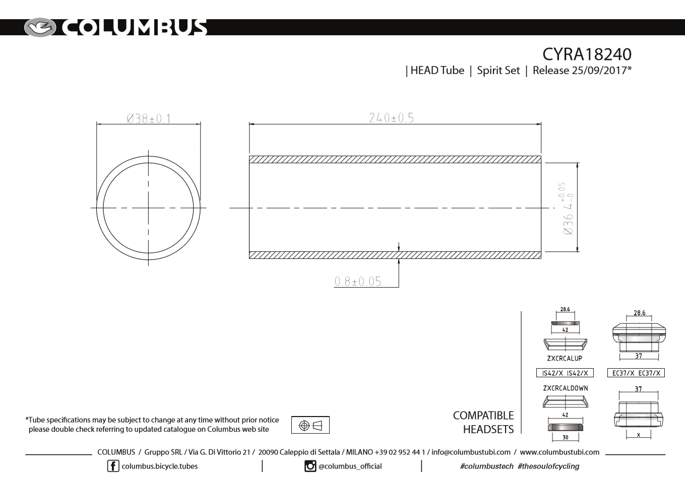 Head tube for integrated 38 x 0.8 x 240