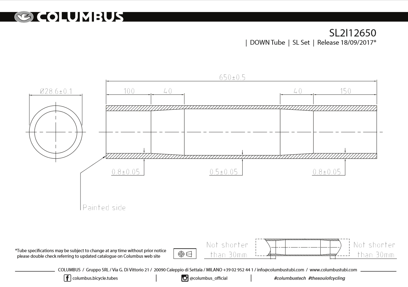 SL Down tube 28.6 x 650mm